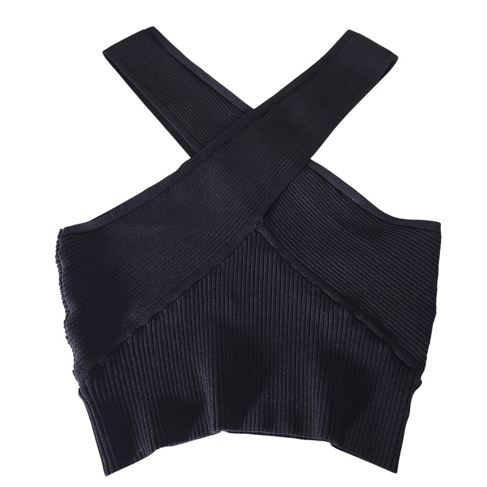 House of Harlow 1960 Black Crossover Ribbed Knit Crop Top Size Medium